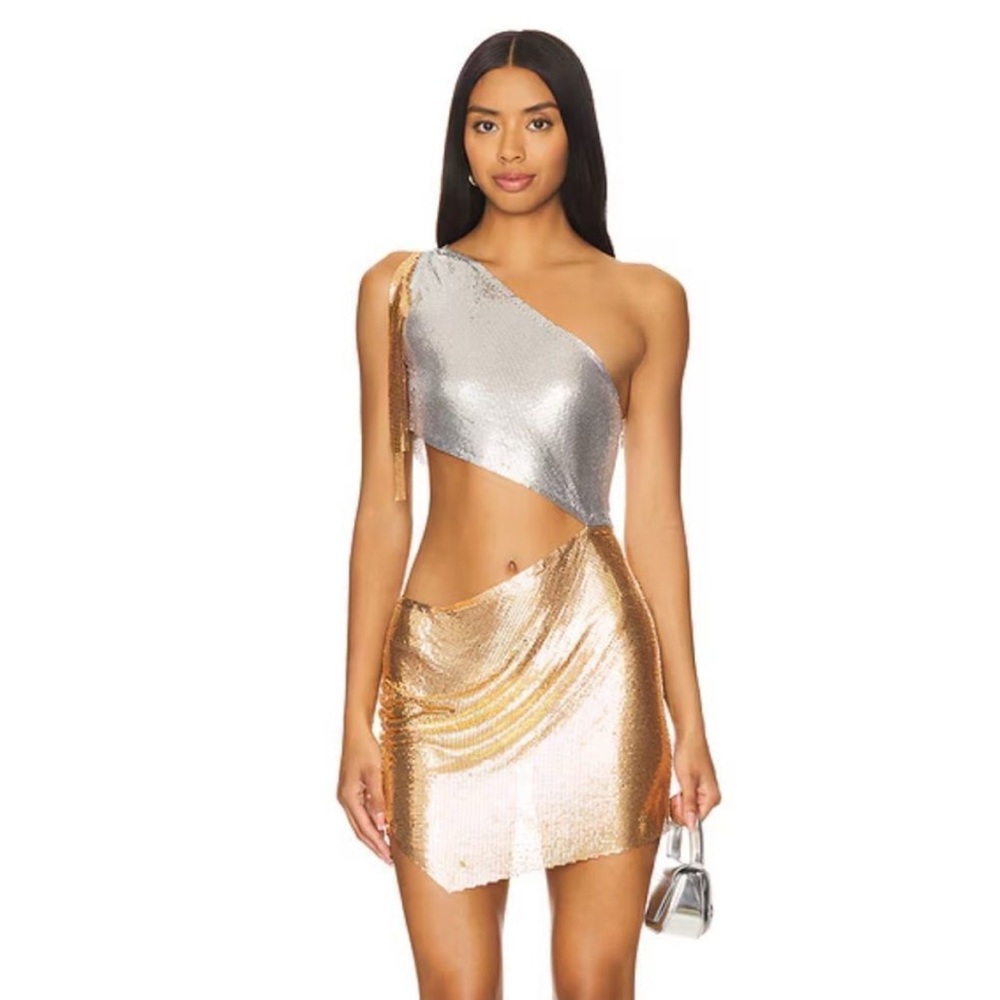 NBD Silver and Gold One-Shoulder Mini Dress Revolve New With Tags (S)
